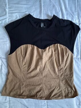 Anthropologie Black and Tan Colorblock Bustier-Style Short Sleeve Top